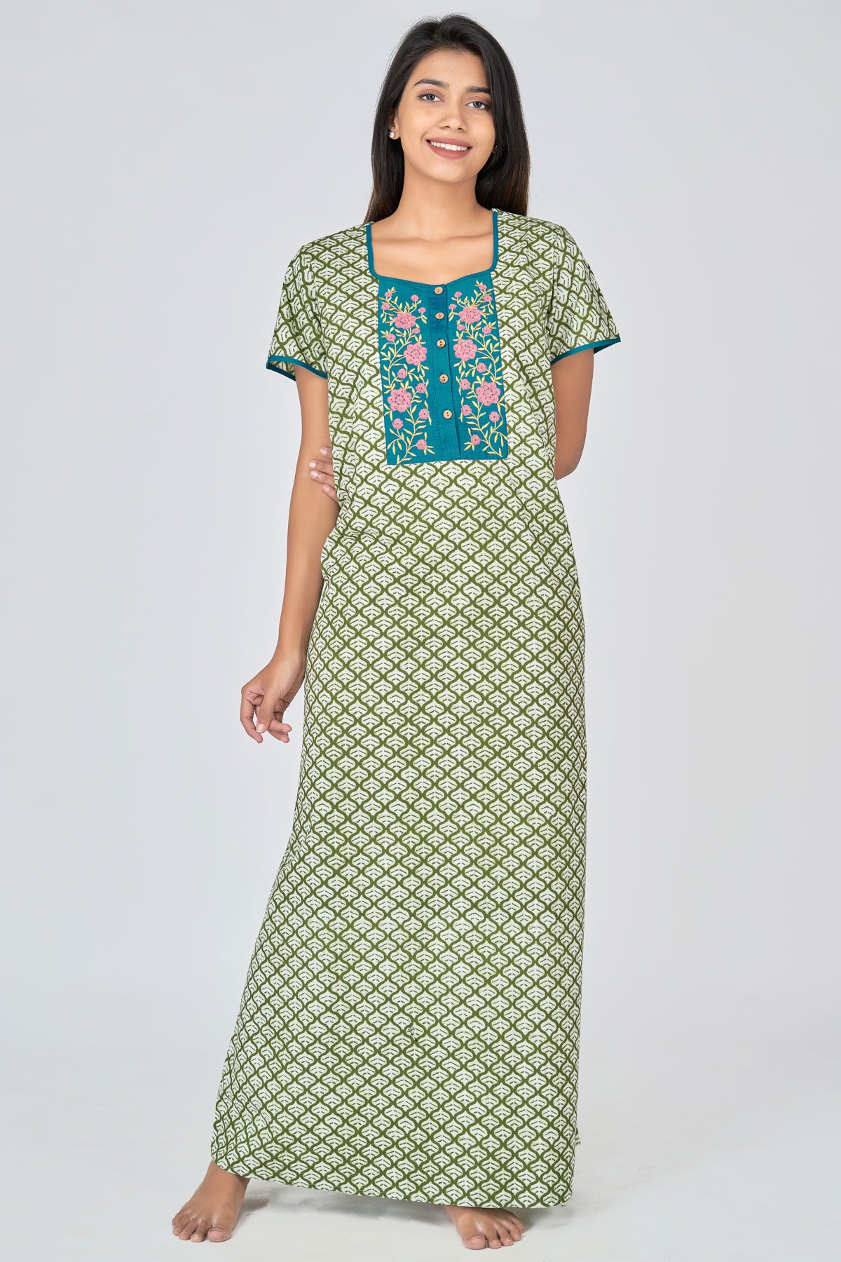 Animated Leaf printed & Floral embroidered Women's Nighty - Green 