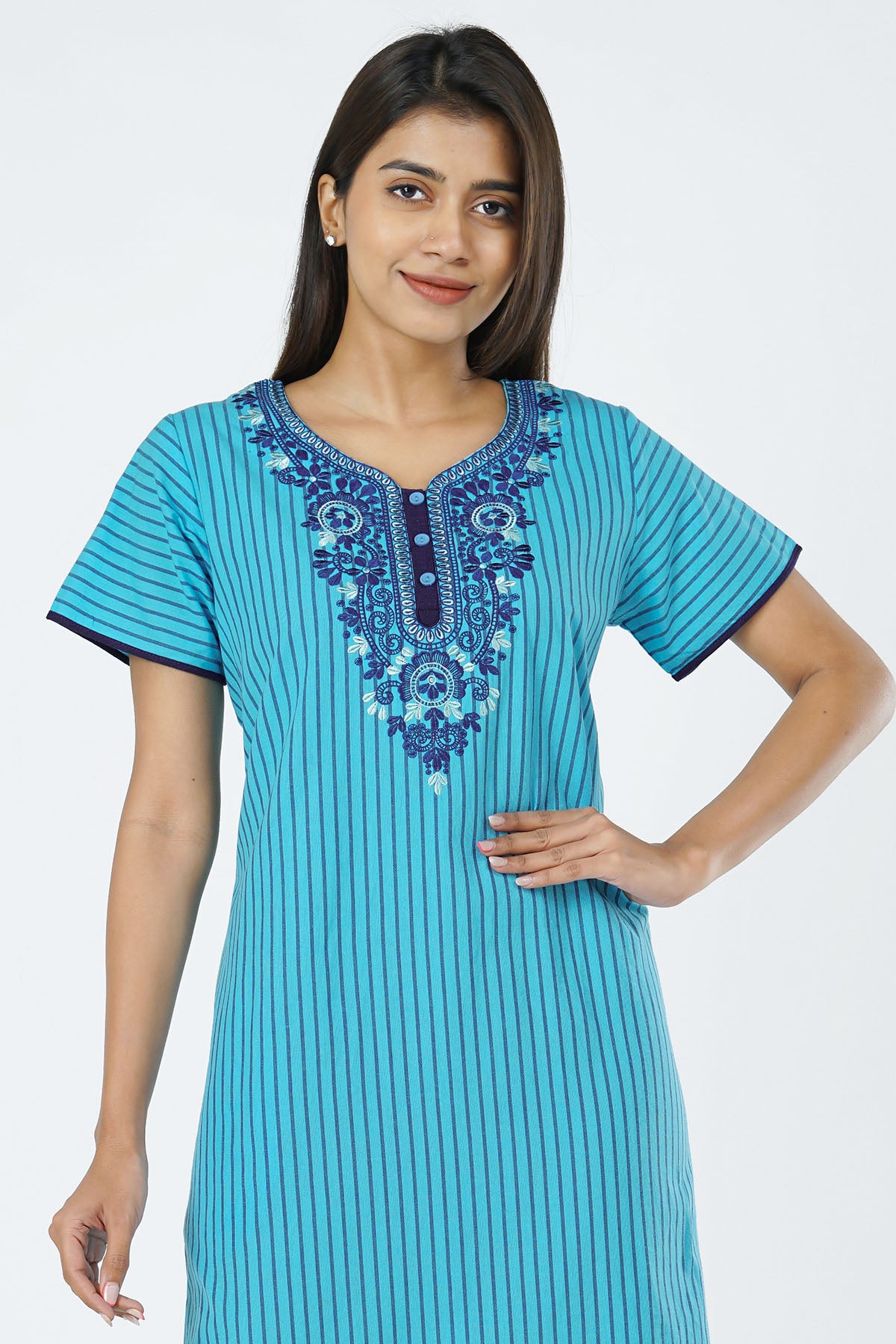 Floral Embroidered & Bengal Striped Women's Nighty - Blue 