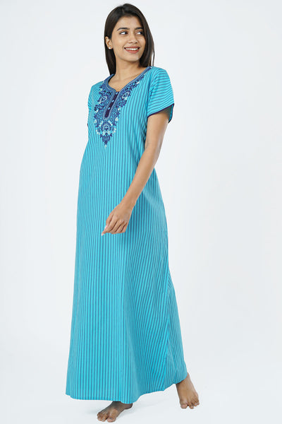 Floral Embroidered & Bengal Striped Women's Nighty - Blue 