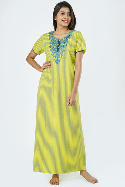  Floral Embroidered & Bengal Striped Women's Nighty - Yellow 