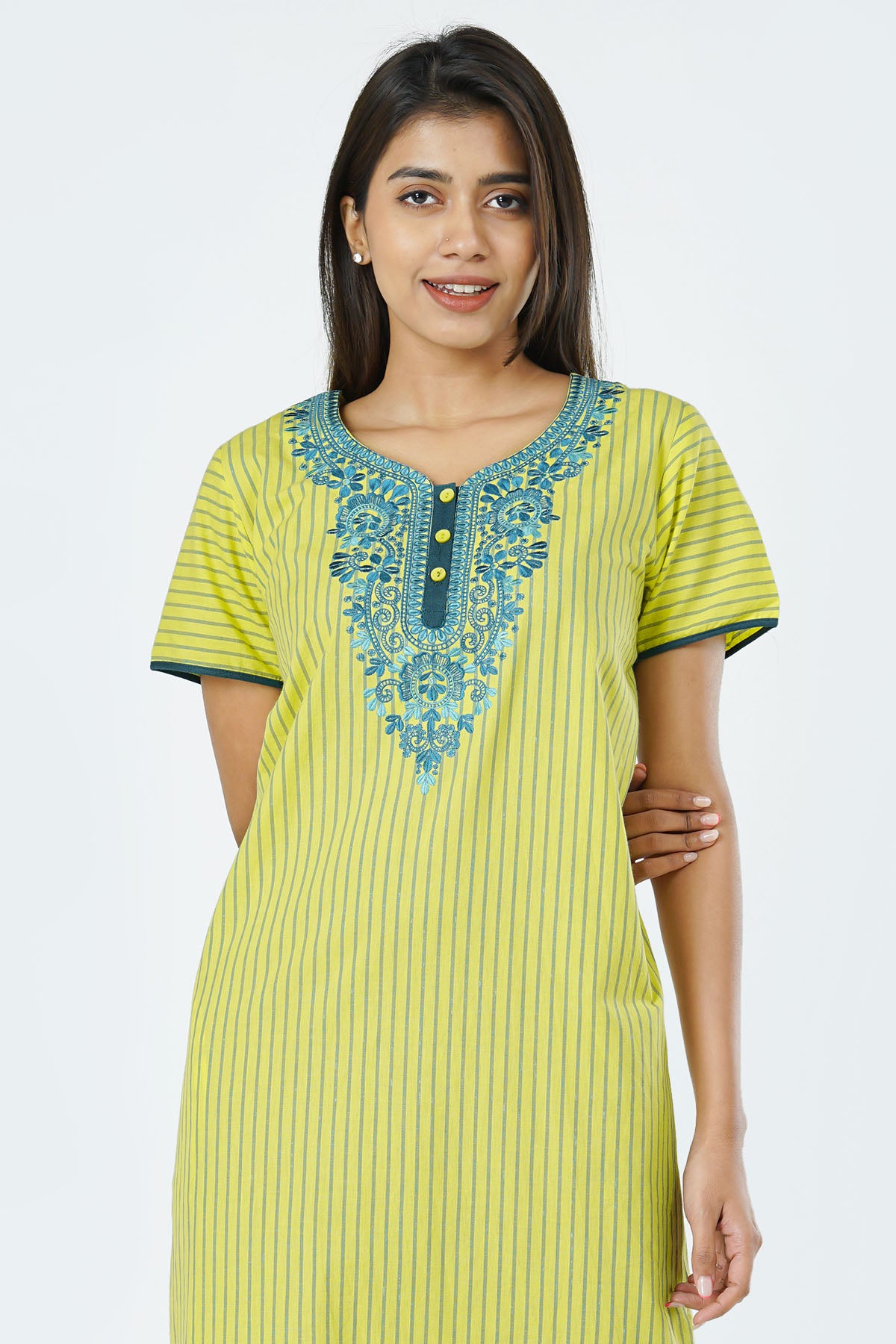  Floral Embroidered & Bengal Striped Women's Nighty - Yellow 