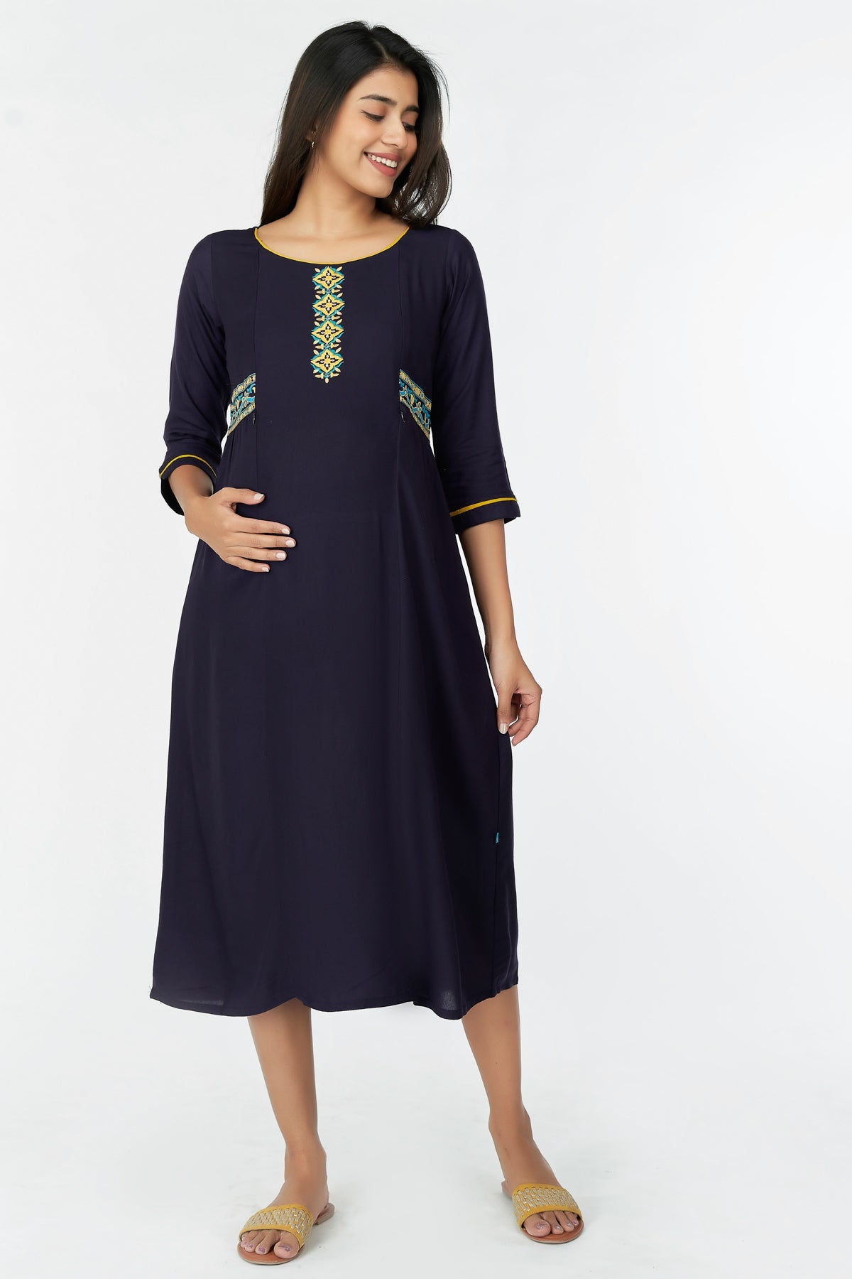 Geometric Embroidered  A-Line Kurta - Navy