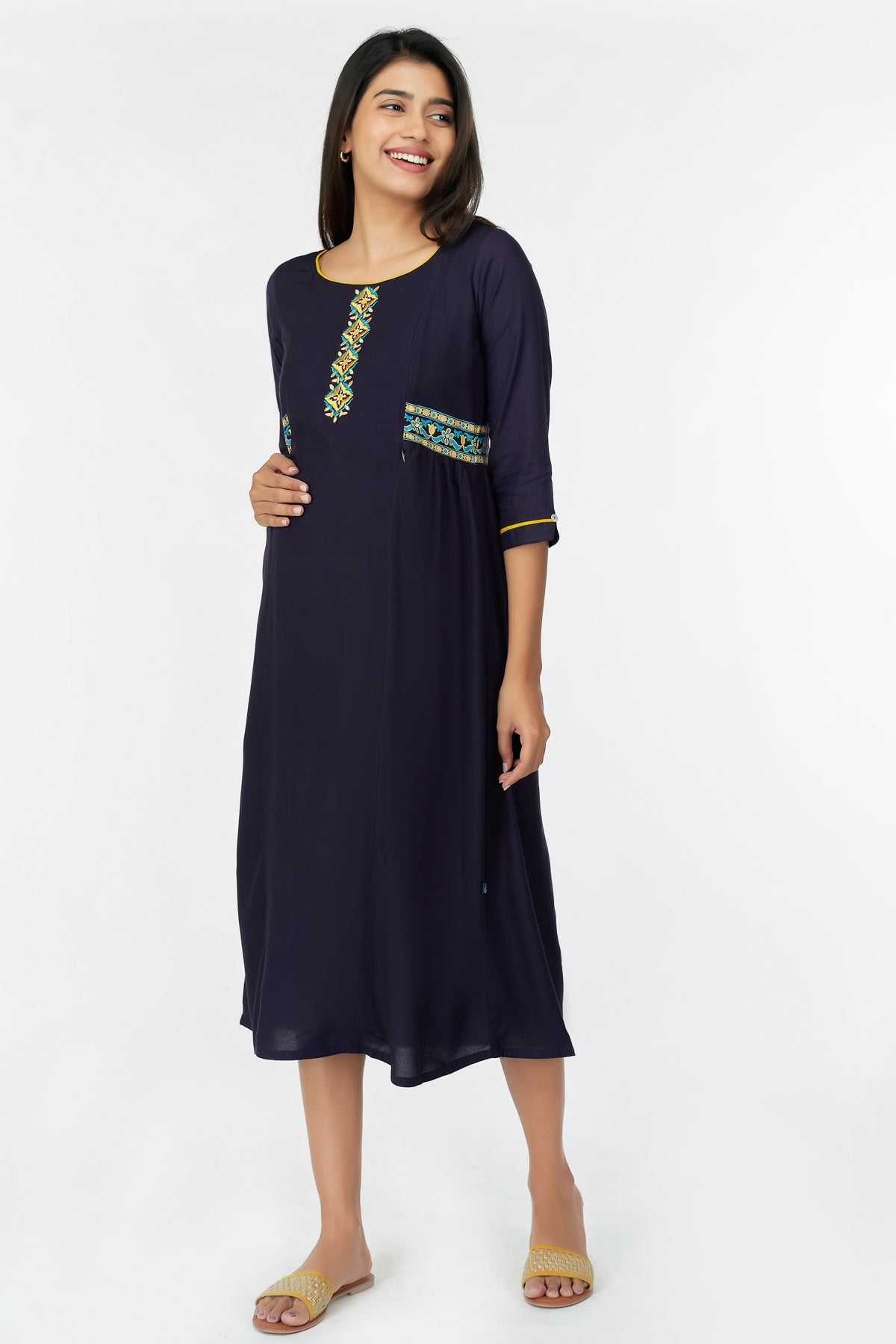 Geometric Embroidered  A-Line Kurta - Navy