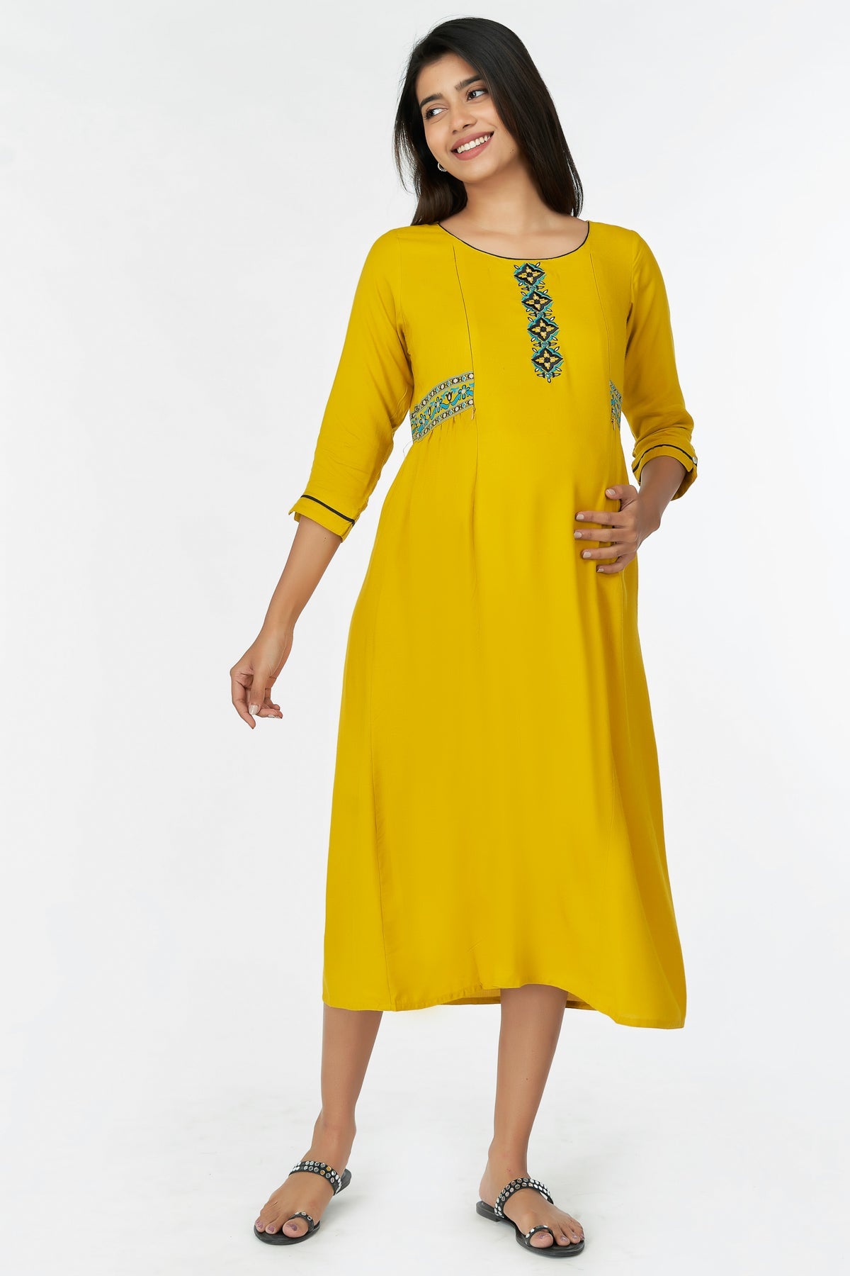 Geometric Embroidered  A-Line Kurta - Yellow