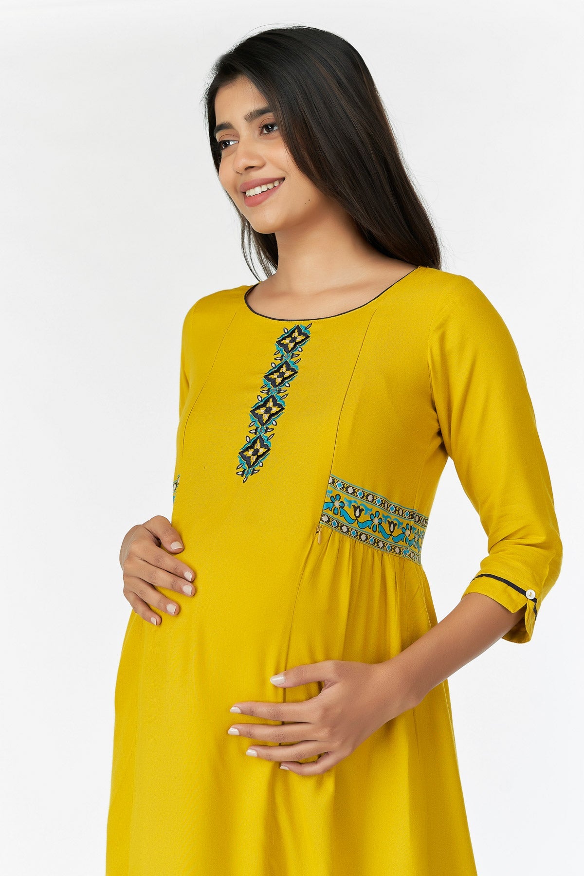 Geometric Embroidered  A-Line Kurta - Yellow