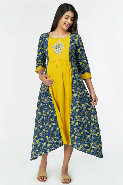 All Over Abstract Floral Tail Cut A-Line Kurta - Yellow