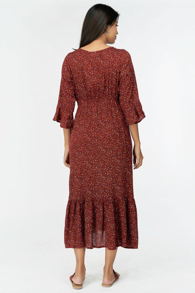 All Over Ditsy Floral Printed A-Line Dress - Maroon