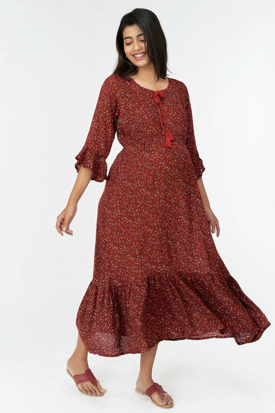 All Over Ditsy Floral Printed A-Line Dress - Maroon