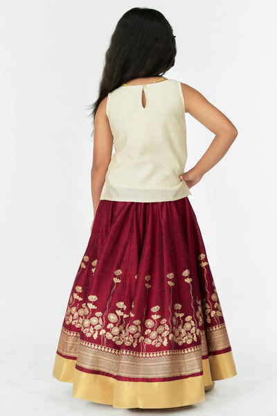 Floral Embroidered Sleeveless Top & Printed Skirt Set - Off-White & Maroon