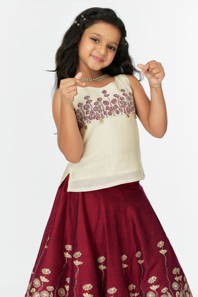 Floral Embroidered Sleeveless Top & Printed Skirt Set - Off-White & Maroon