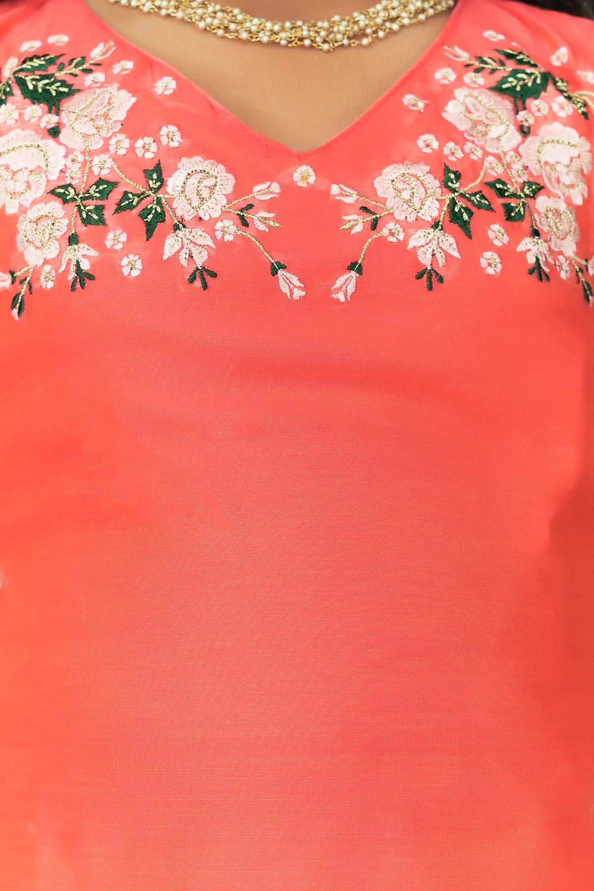 Botanical Floral Embroidered Top & Floral Digital Printed Skirt Set - Peach & Pale Pink