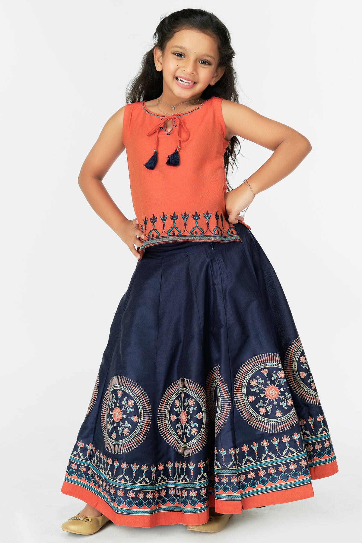 Contrast Geometric Embroidered Sleeveless Top & Floral Printed Skirt Set - Orange & Navy Blue