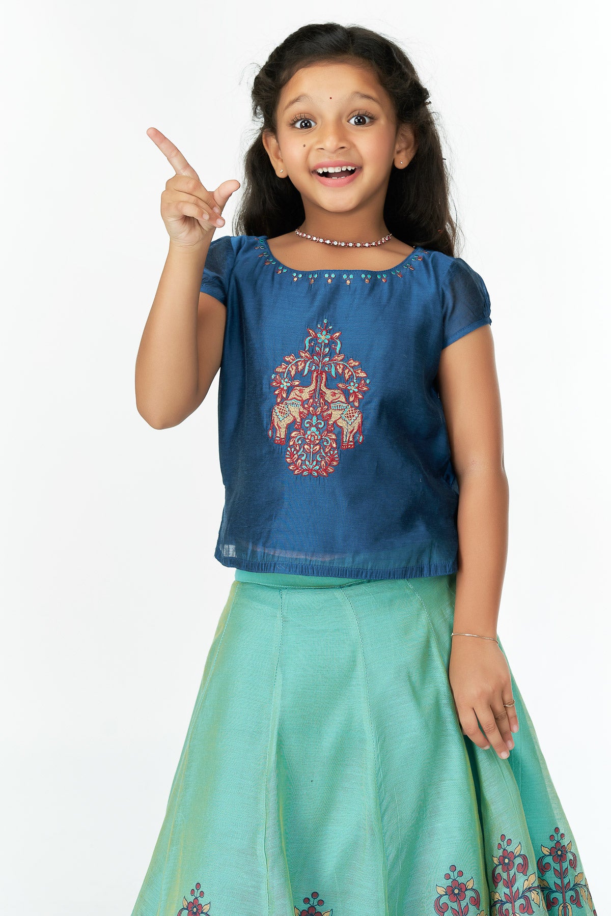 Contrast Placement Elephant & Floral Motif Embroidered Top & Floral Printed Skirt Set - Blue & Green