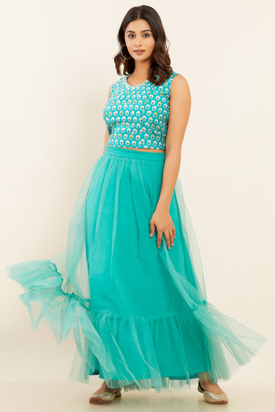 All Over Floral With Foil Mirror Work Crop Top & Solid Net Skirt Set - Blue