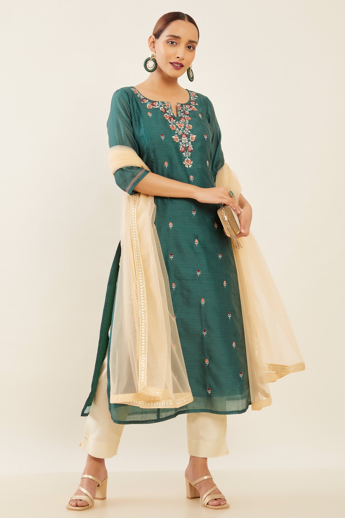 Floral Embroidered Placement Kurta Set- Green