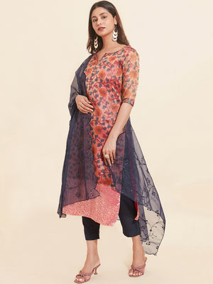 All Over Botanical Floral Motif Printed Motif Kurta Set Pink Navy
