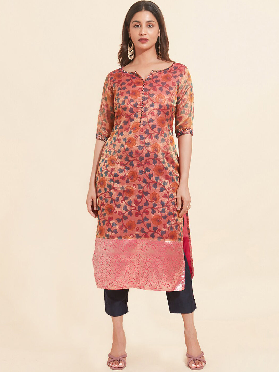 All Over Botanical Floral Motif Printed Motif Kurta Set Pink Navy
