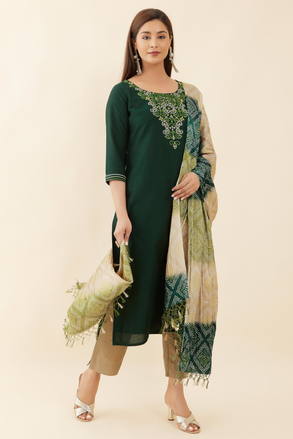 Bandhani Motif Embroidered Yoke Kurta Set With Printed Dupatta - Green & Beige