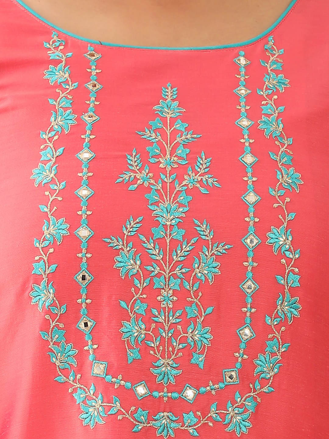 Floral Embroidered With Foil Mirror Embellished Kurta Set Pink Blue
