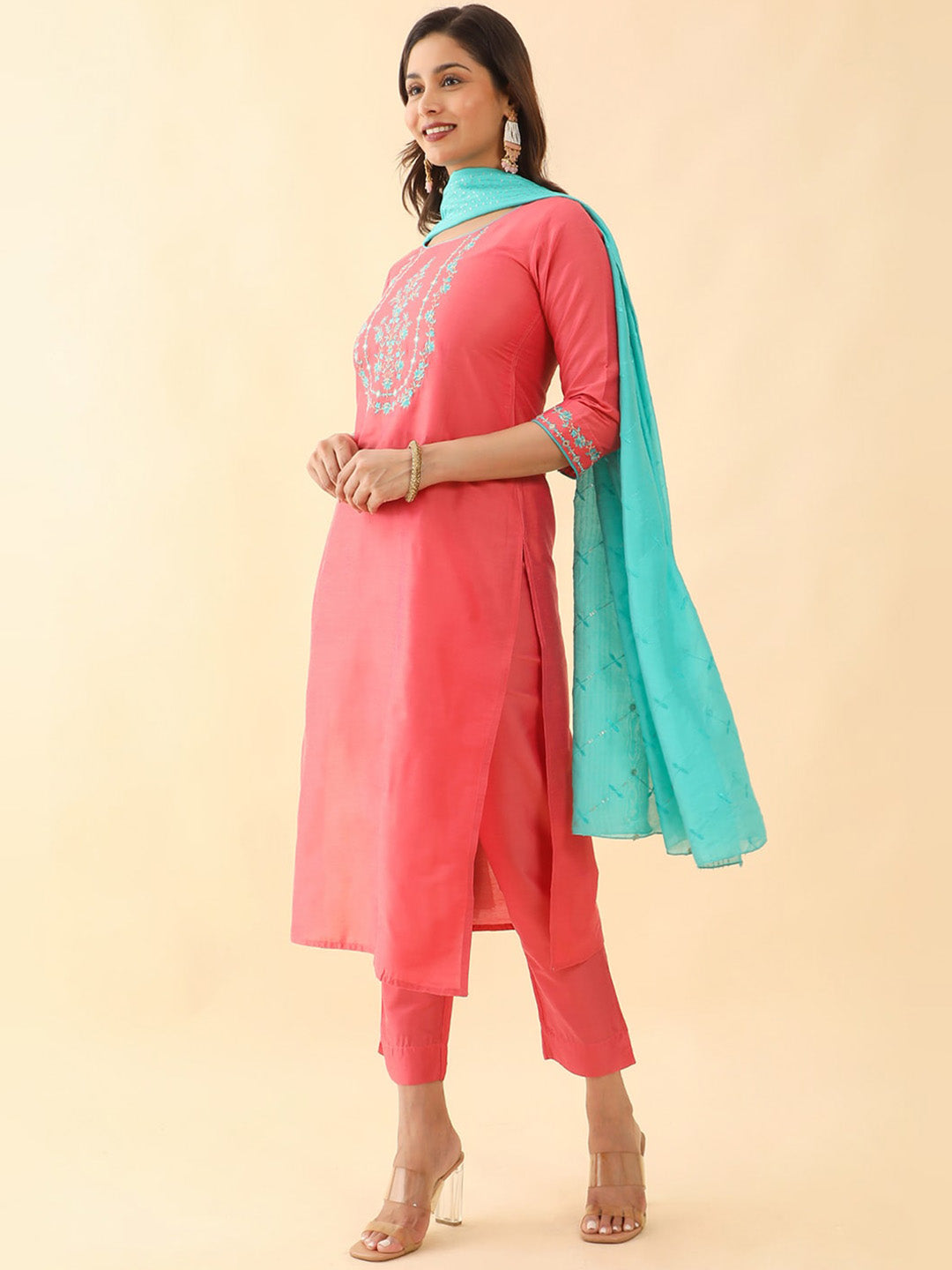 Floral Embroidered With Foil Mirror Embellished Kurta Set Pink Blue
