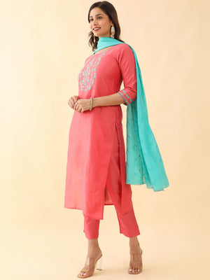 Floral Embroidered With Foil Mirror Embellished Kurta Set Pink Blue
