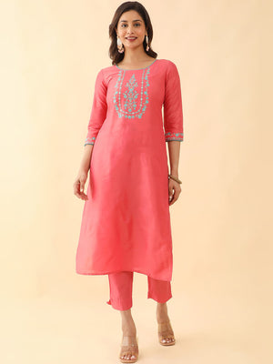 Floral Embroidered With Foil Mirror Embellished Kurta Set Pink Blue
