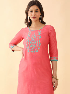 Floral Embroidered With Foil Mirror Embellished Kurta Set Pink Blue
