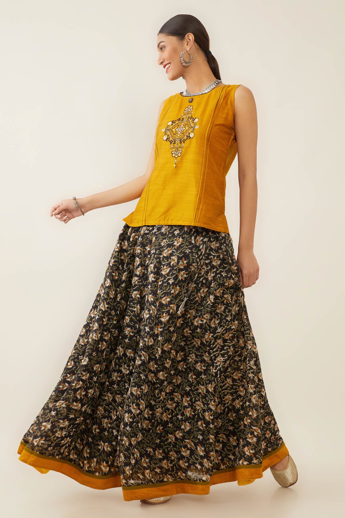 Buy Women Peach  Green Chanderi Floral Anarkali Skirt Online at Sassafras