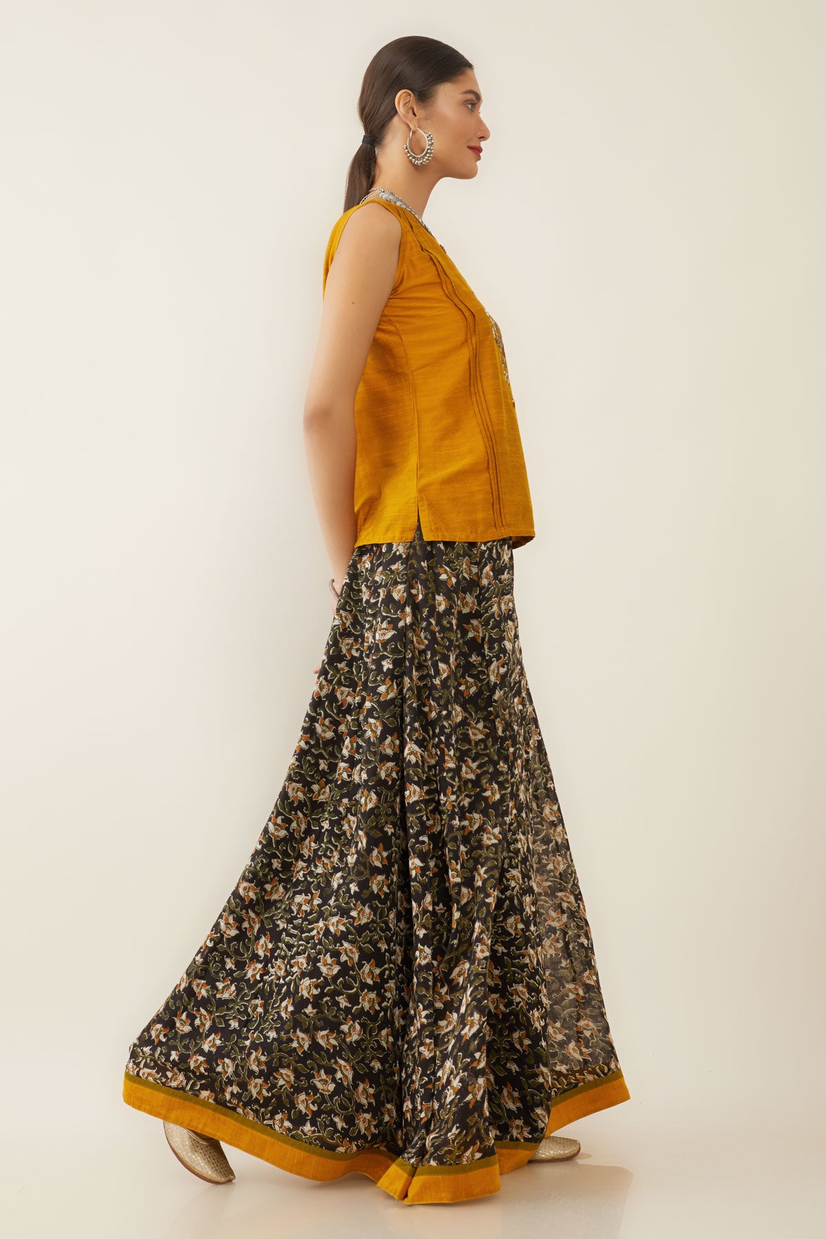 Kalamkari Chanderi silk skirt set with embroidered top -Mustard&Black