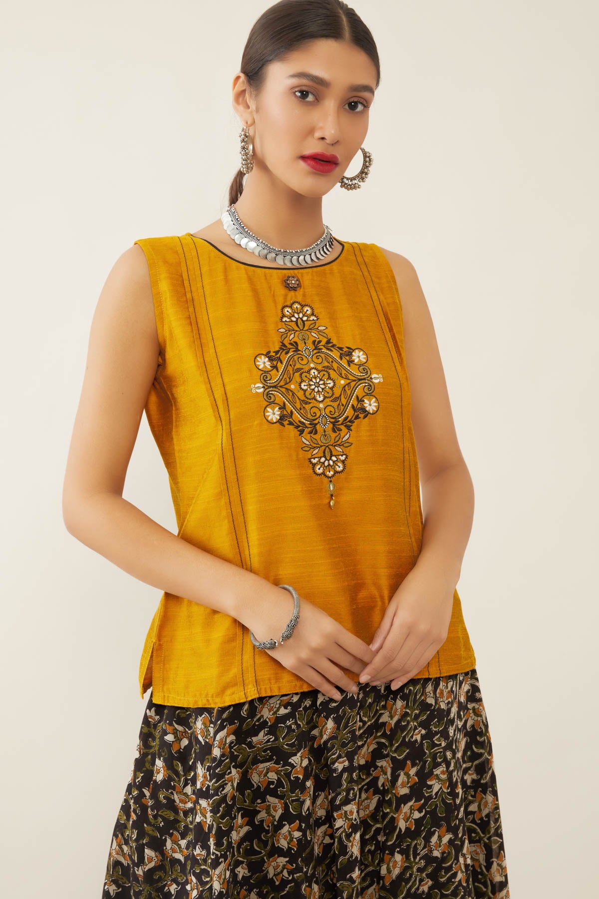 Kalamkari Chanderi silk skirt set with embroidered top -Mustard&Black