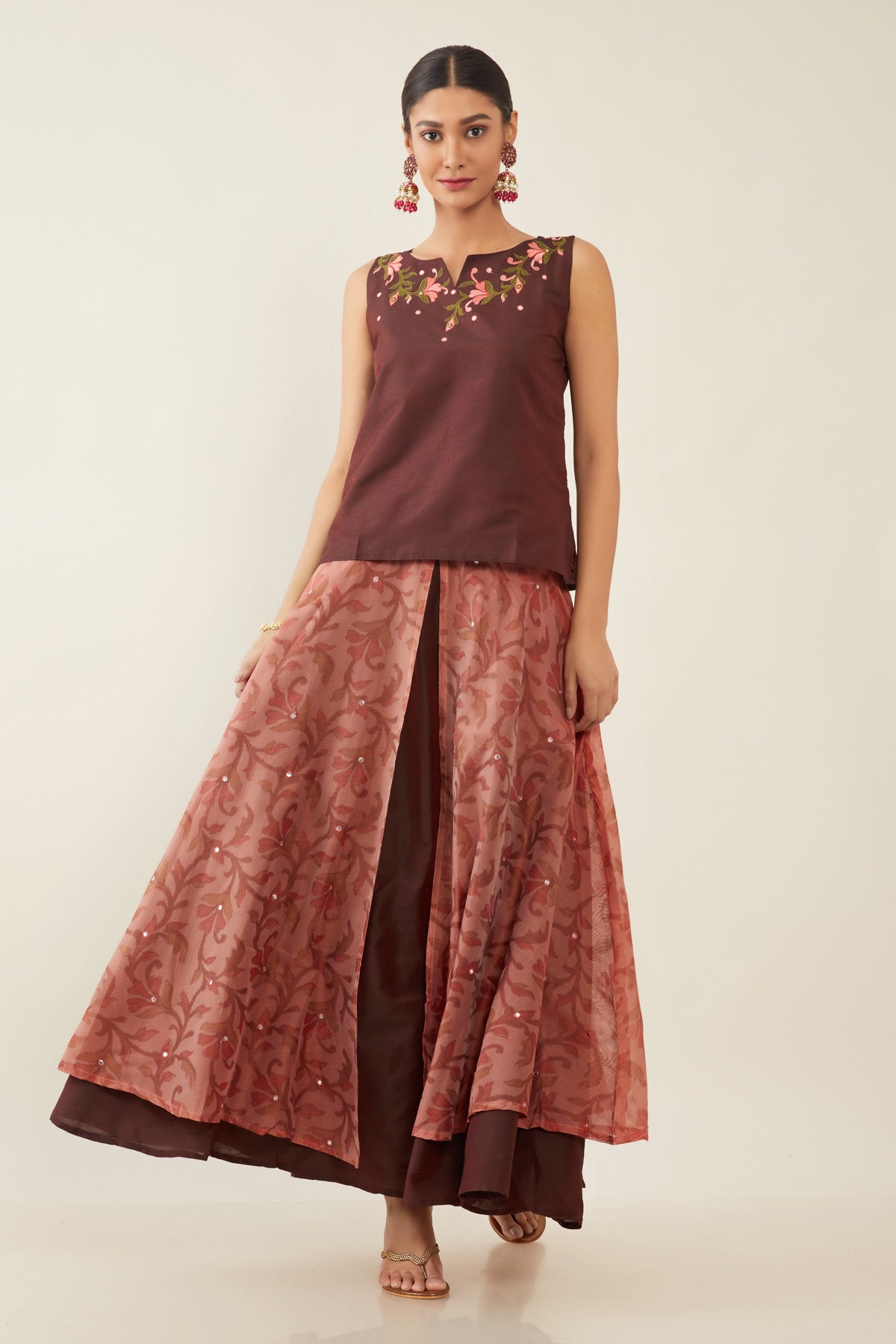 FLORAL INSPIRED SKIRT SET - MAROON&PEACH