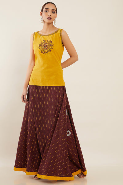 Mandala Embroidered Ikkat Women's skirt Set- Yellow & Maroon