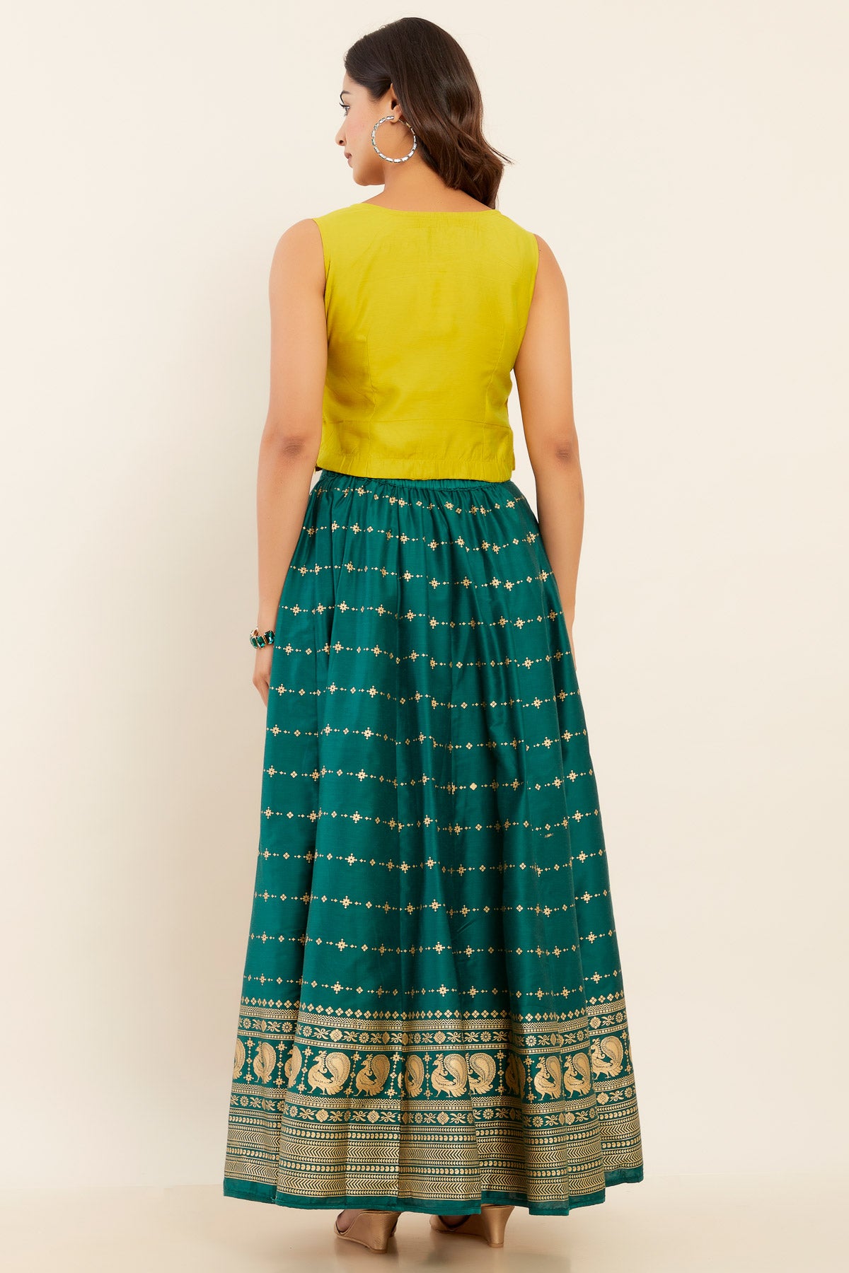 Peacock Motif Embroidered Crop Top & Geometric Printed Skirt Set - Yellow & Green