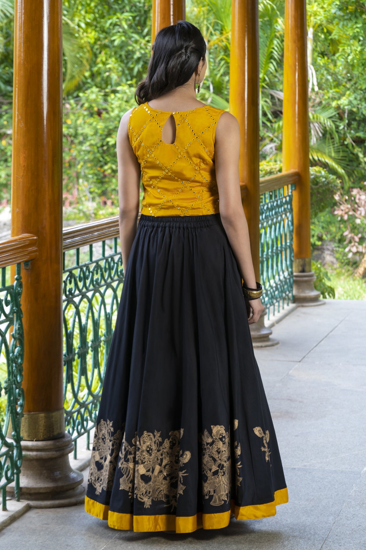 Mural Foil Printed Skirtset with Sequence Top - Mustard & Black
