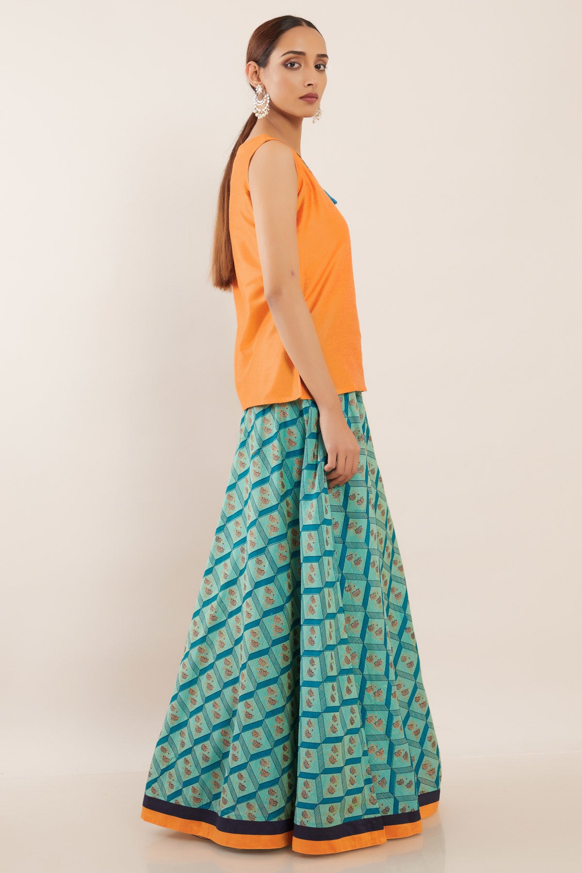 Geometric & Floral Foil Printed Women's Skirt Set - Mustard & Teal
