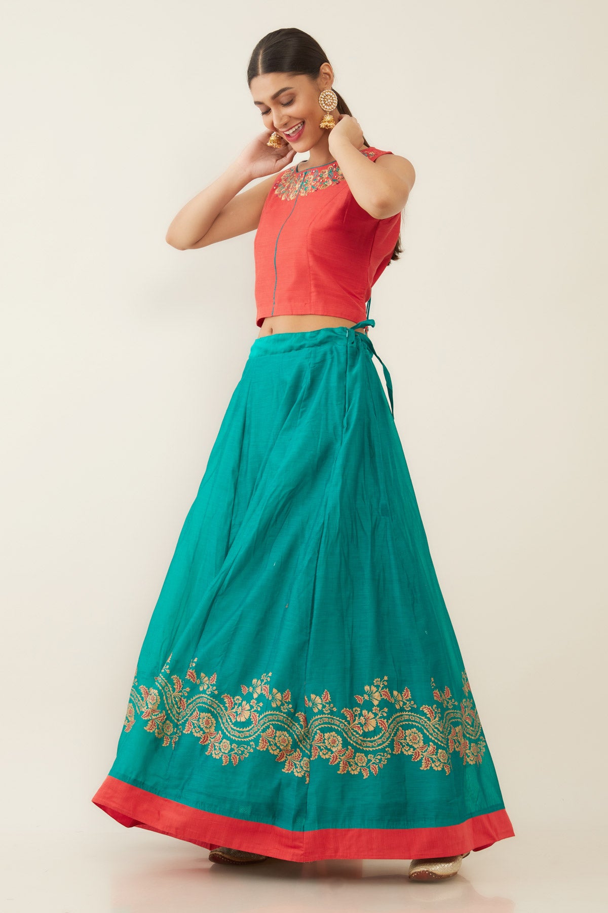 ETHNIC FLORAL PRINTED SKIRT WITH EMBROIDERED TOP - PEACH & TEAL GREEN
