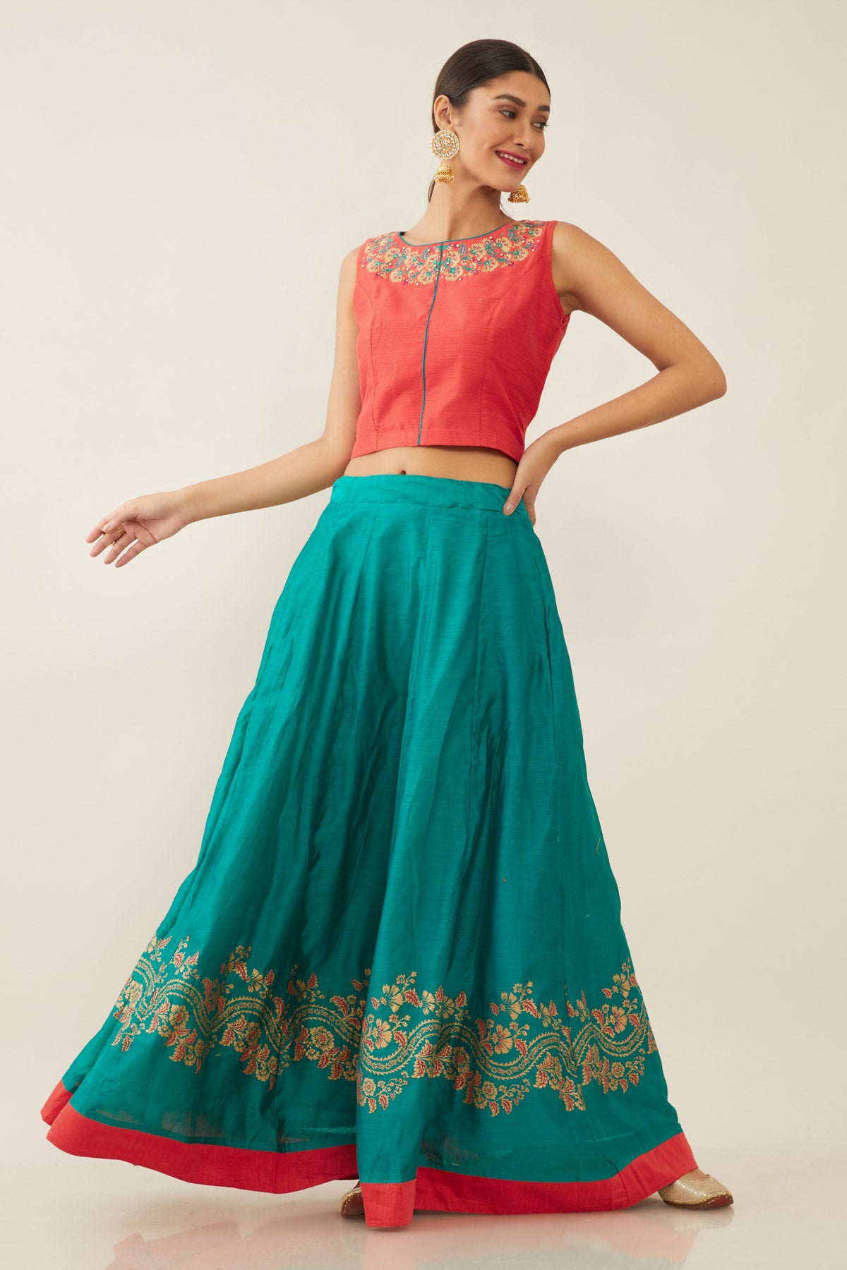 ETHNIC FLORAL PRINTED SKIRT WITH EMBROIDERED TOP - PEACH & TEAL GREEN