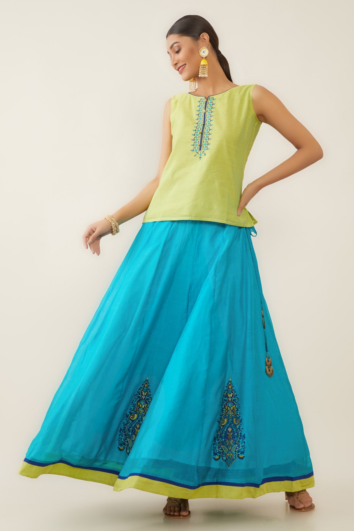 PAISLEY EMBROIDERED SKIRT SET - LIME GREEN&BLUE