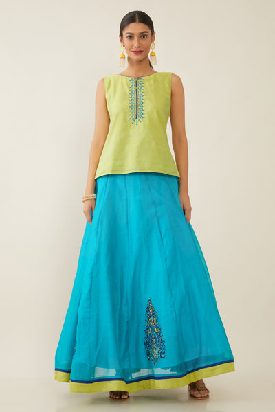 PAISLEY EMBROIDERED SKIRT SET - LIME GREEN&BLUE