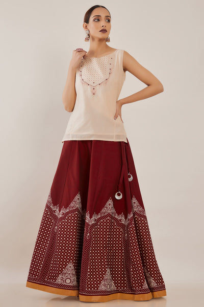 Ethnic Motif Foil Printed Skirt Set -  Off White &  Maroon