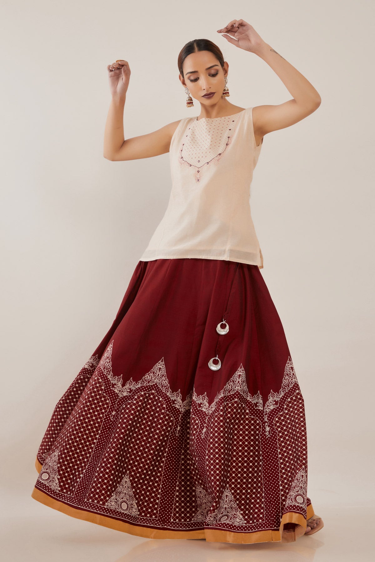 Ethnic Motif Foil Printed Skirt Set -  Off White &  Maroon