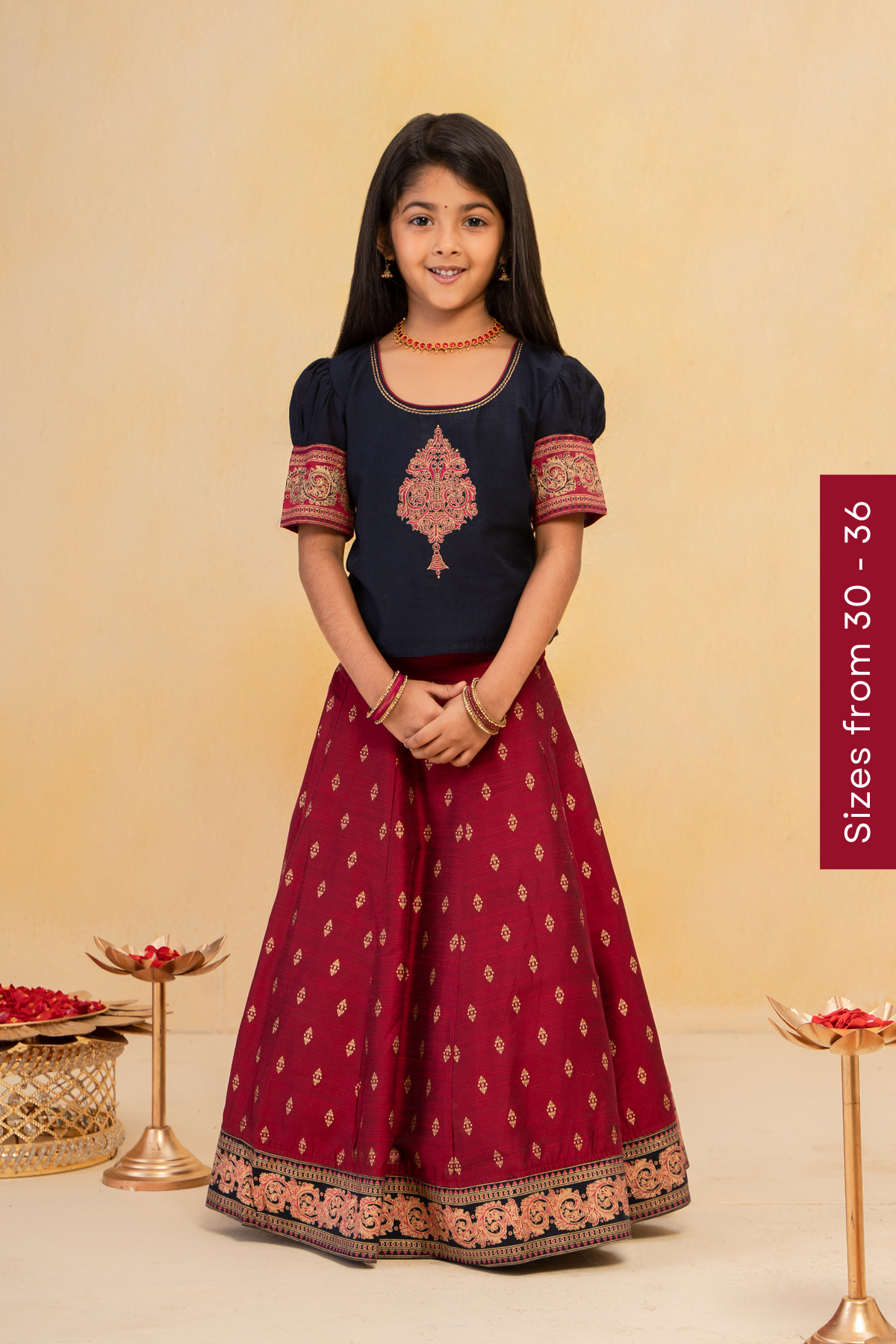 Damask Placement Embroidered Top & Printed Skirt Set - Navy & Pink