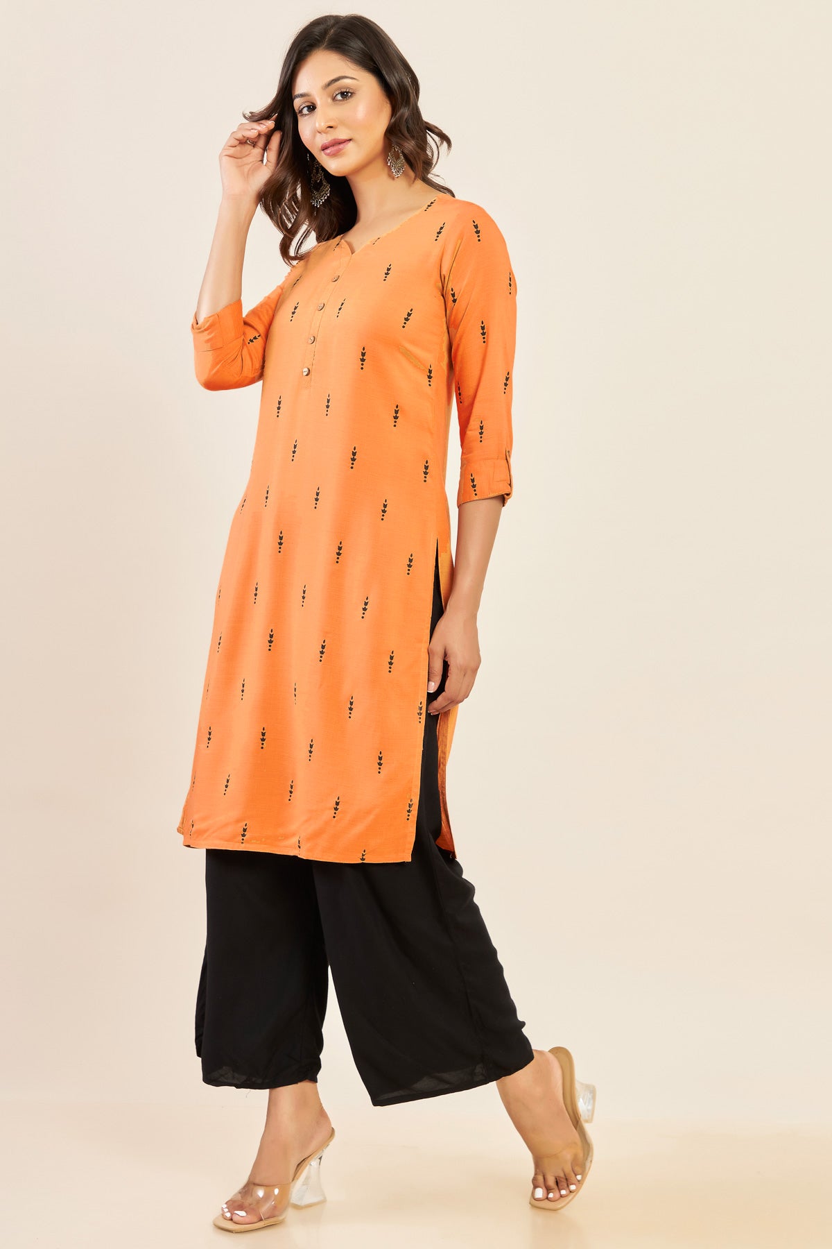 All Over Geometric Printed Kurta - Orange