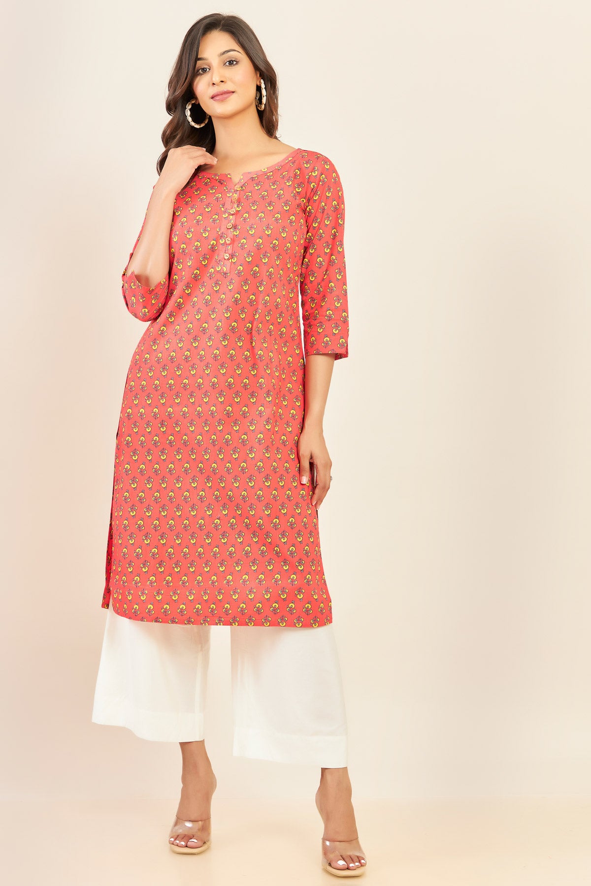 All Over Floral Printed Kurta - Peach