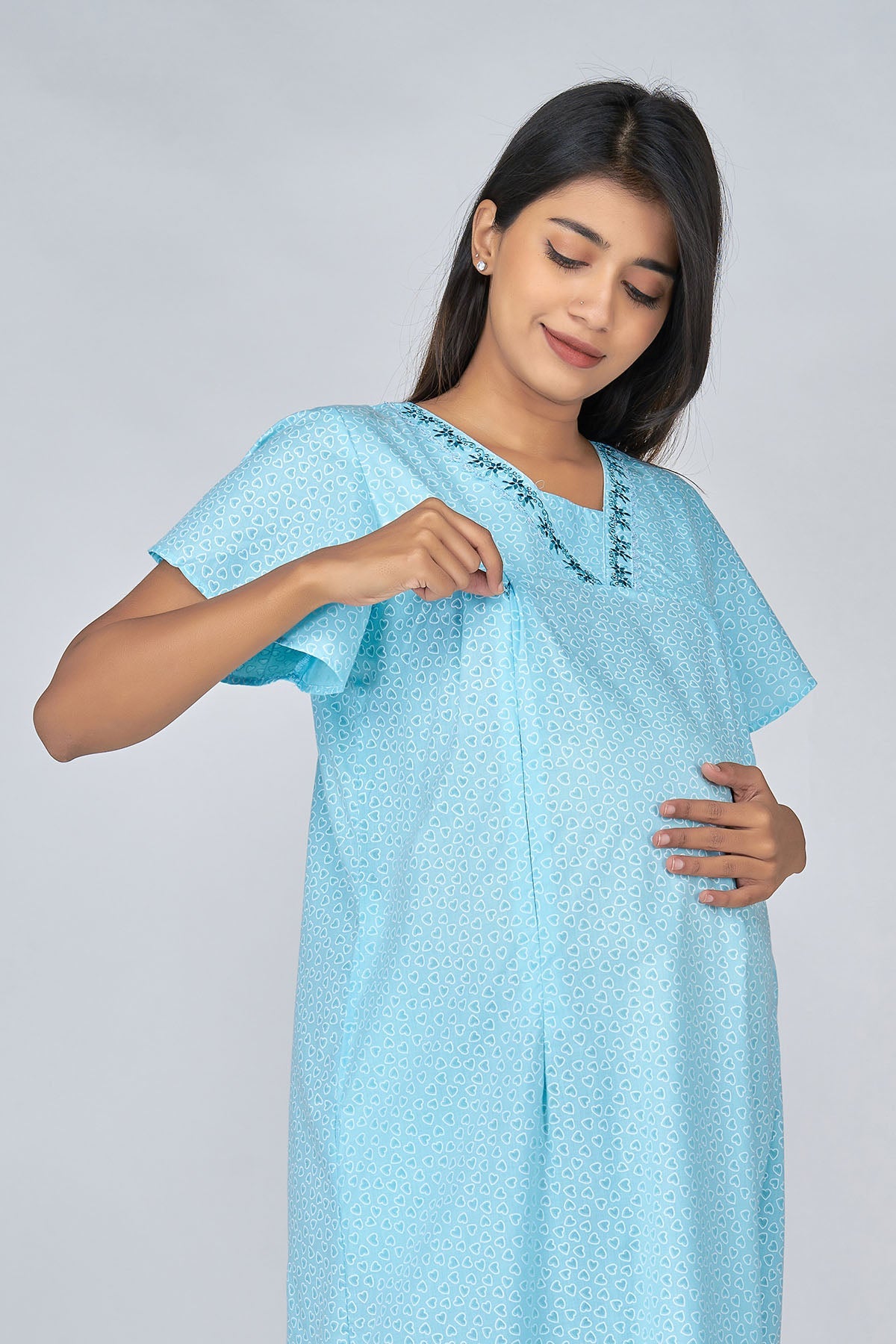 Minimal Embroidered & Hearts Printed Maternity Women Short Nighty - Blue
