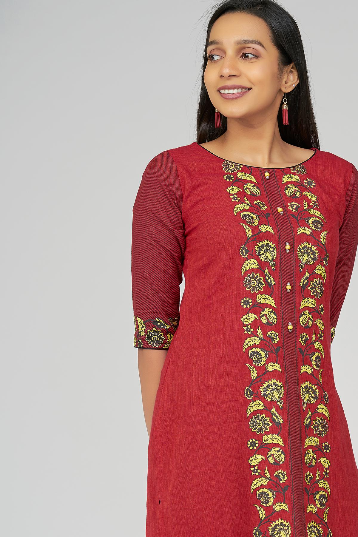 Scandinavian art floral printed kurta - Red