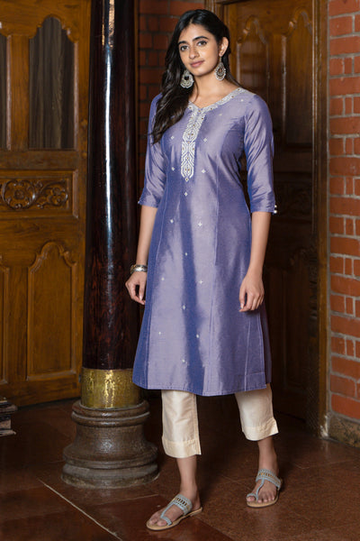 Foil Mirror Work With Contrast Embroidered Kurta - Purple