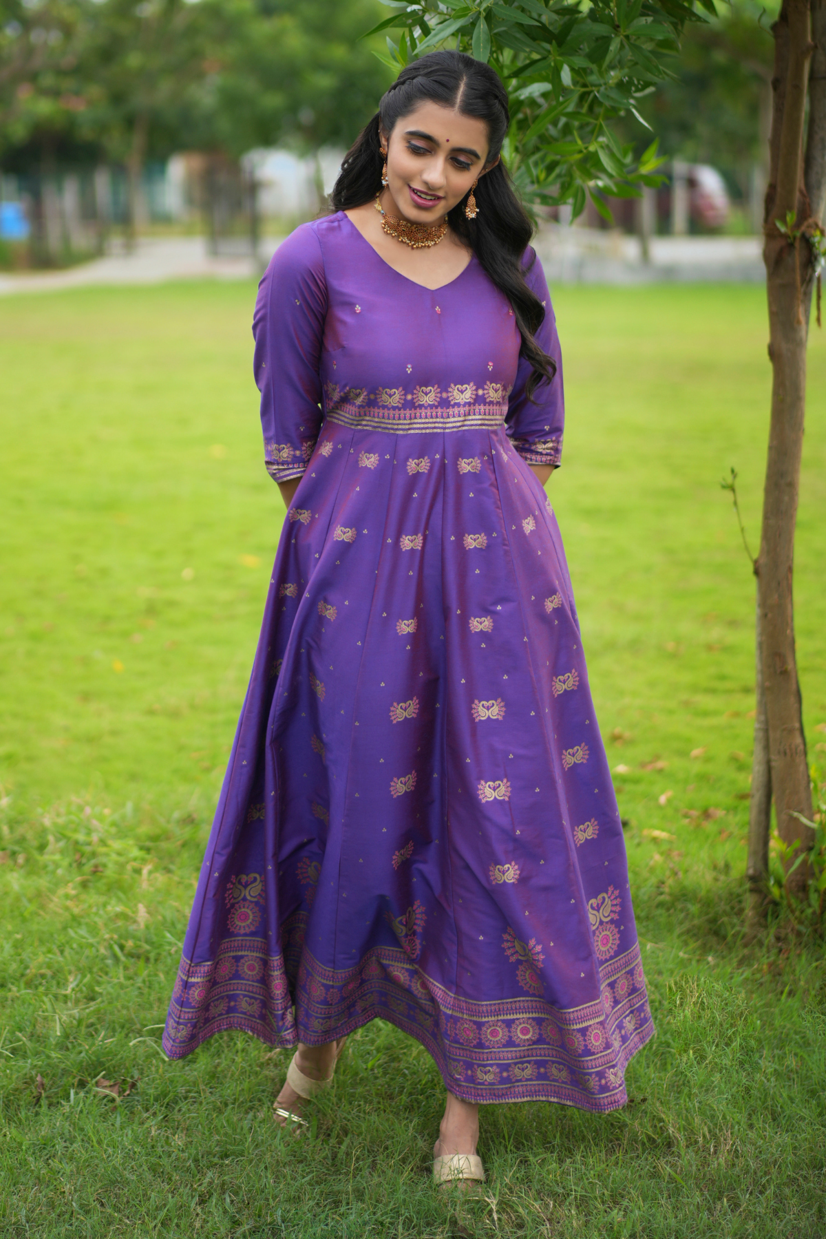 Foil Mirror Embellished With Swarna Motif Printed Anarkali - Purple