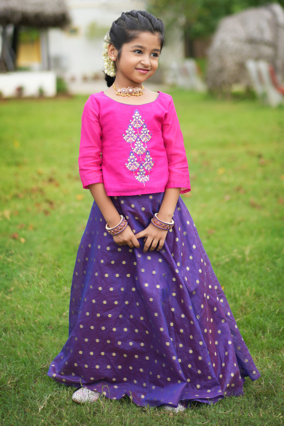 Floral Motifs Embroidered Top & Polka Dot Skirt Set -  Pink & Purple