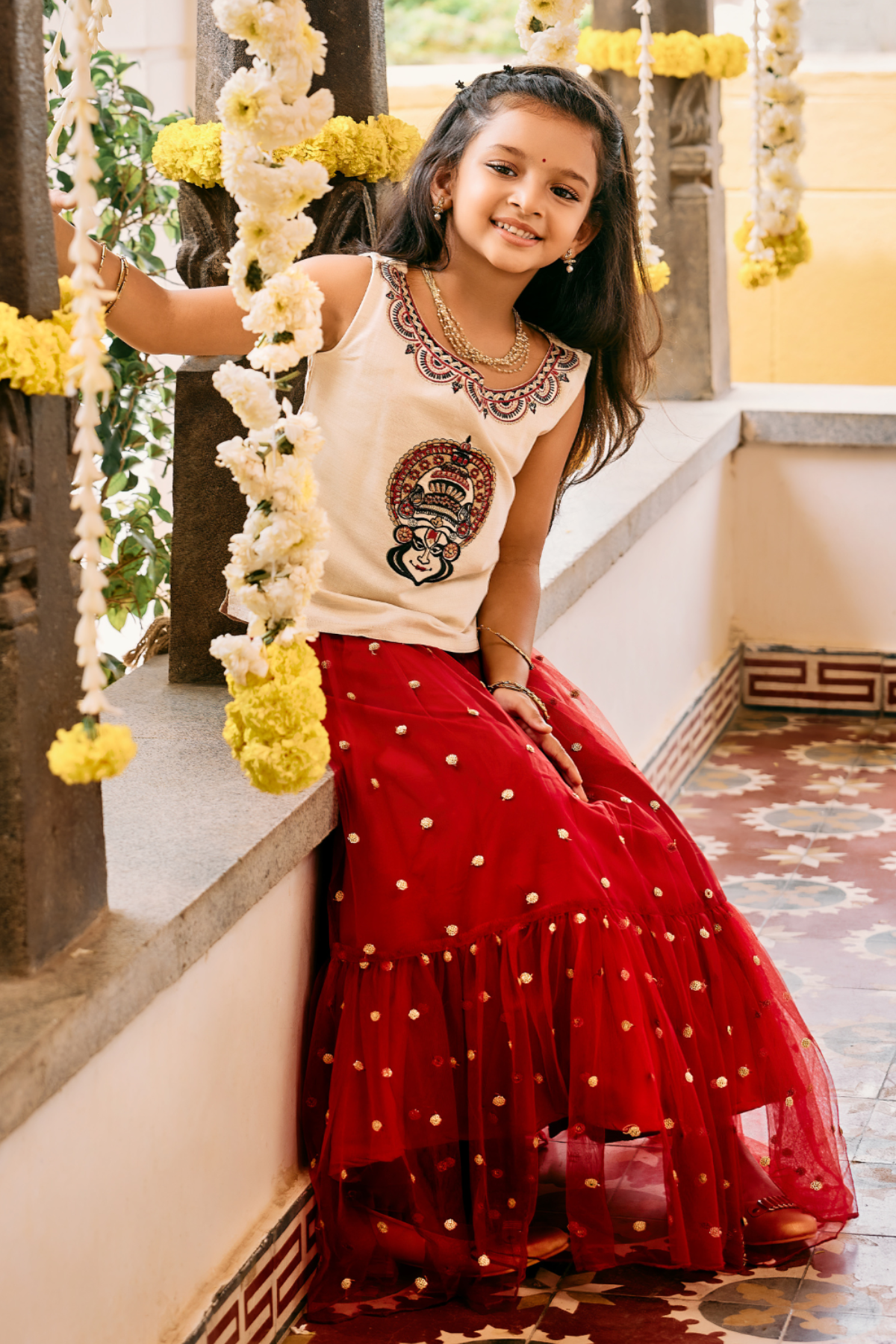 Kathakali Embroidered Sleeveless Top & Sequin Embellished Netted Skirt Set - Off-White & Red